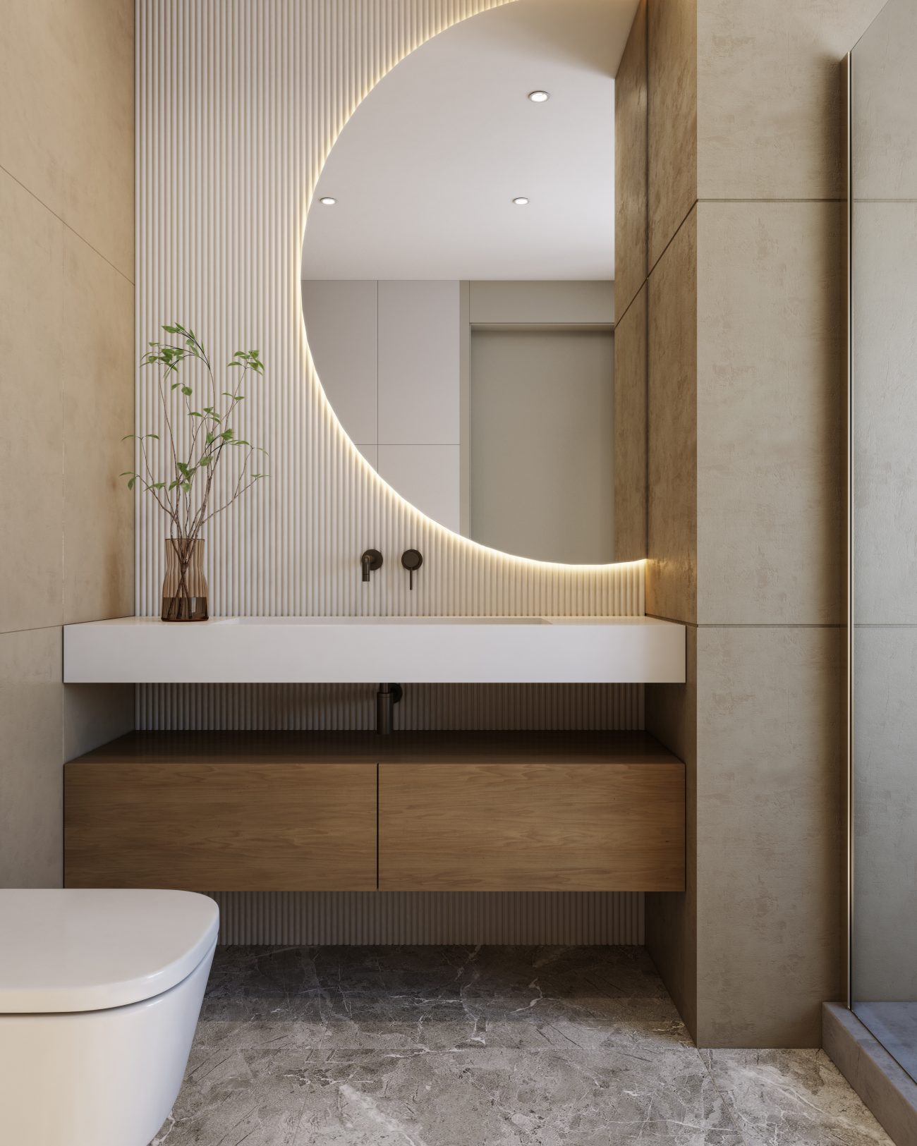 Salle de bain rationaliste avec vanité flottante, gros miroir en demi-lune et mur nervuré