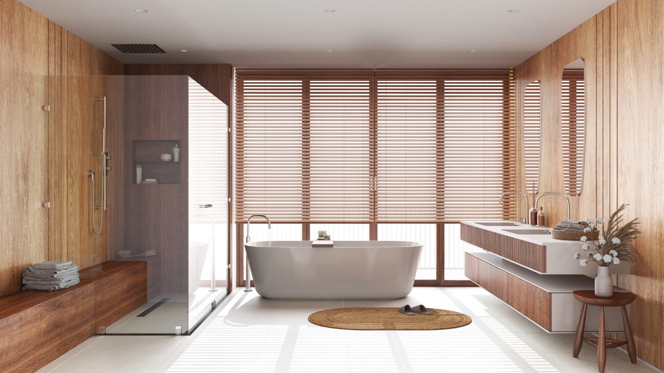Japandi bathroom in wood and white tones, long shower seat with extension