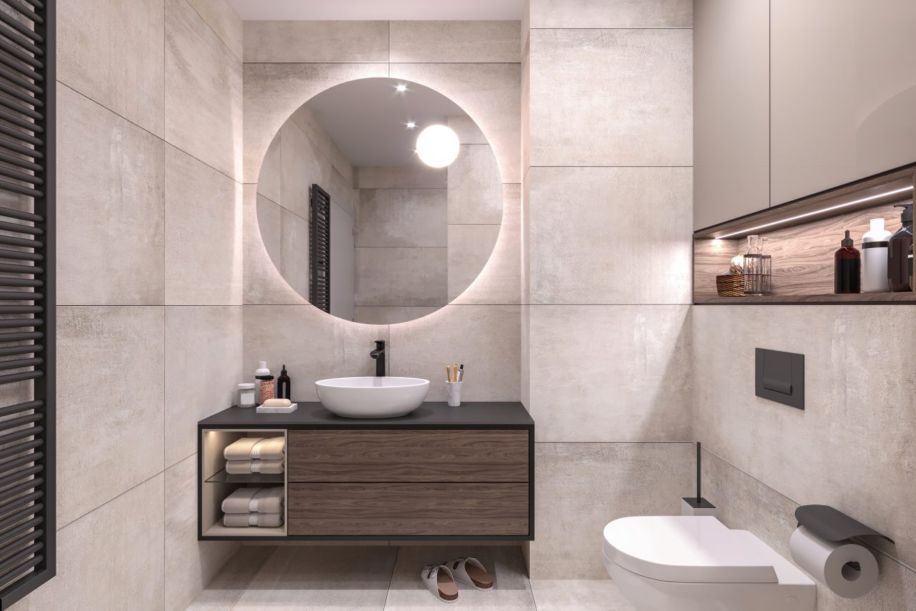 Meuble vanité de salle de bain avec tiroirs et tablettes, mur soufflé pour ranger les produits de bain