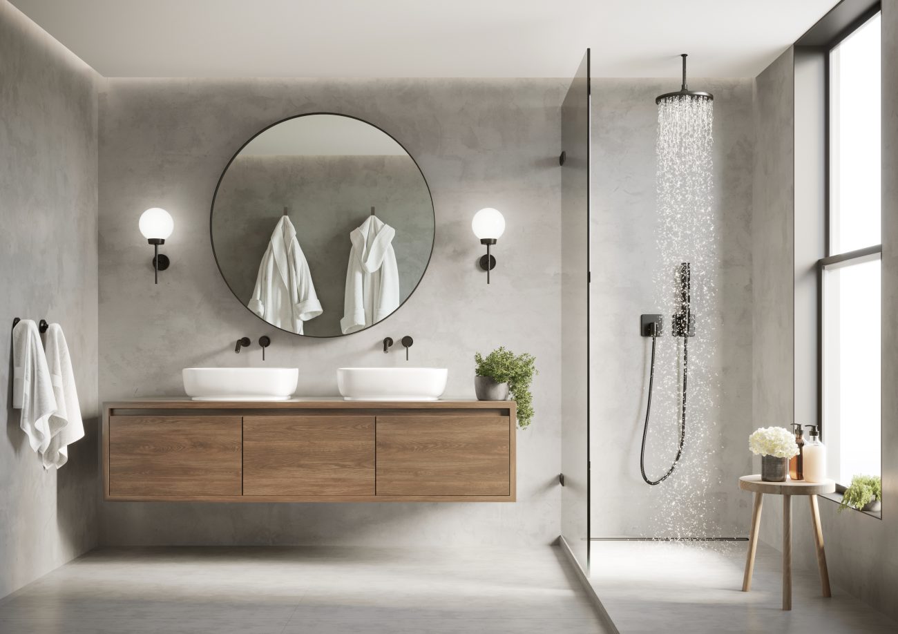 Bathroom covered in grey concrete