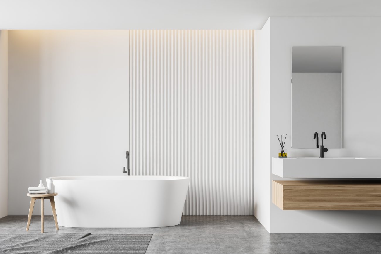 Minimalist white bathroom with floating vanity