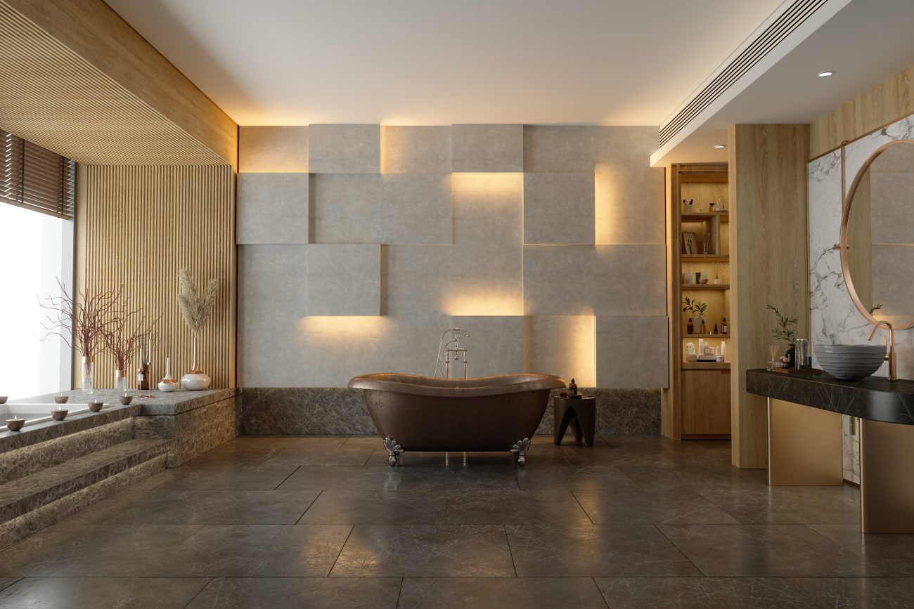 Elegant bathroom with wood-slatted accent wall