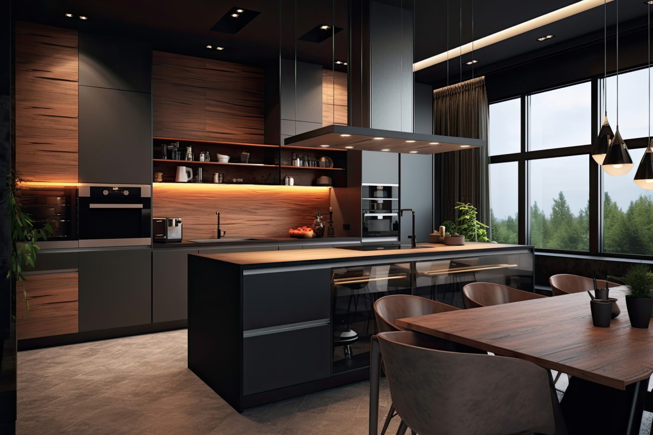 Large luxurious black and brown kitchen and dining room, island with sink, recessed spots