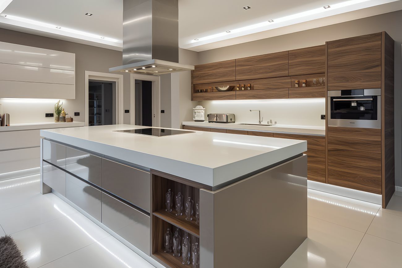 Open space kitchen with white and wood cabinets, island with ceramic hob