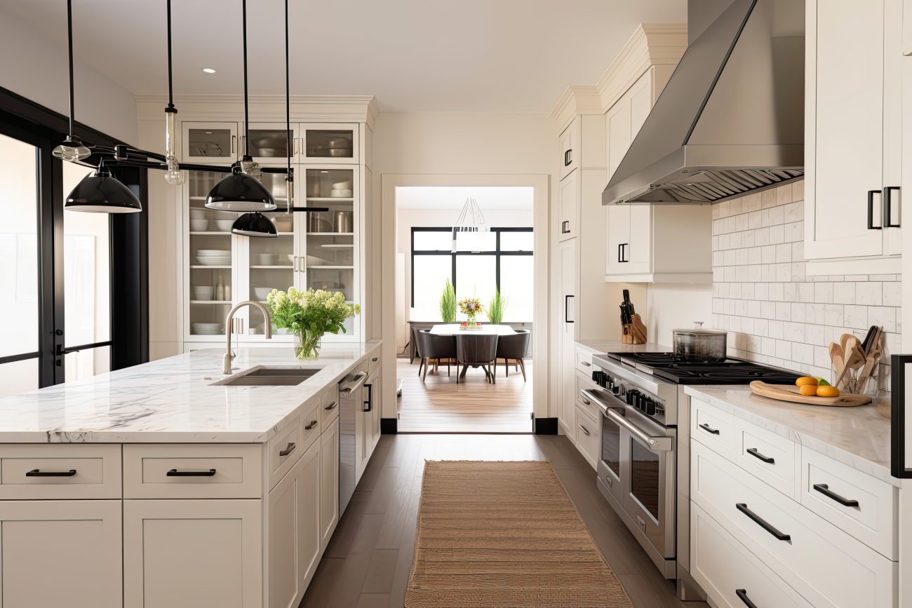 Cream white kitchen, Shaker-style cabinets with black handles, island with marble countertop and sink