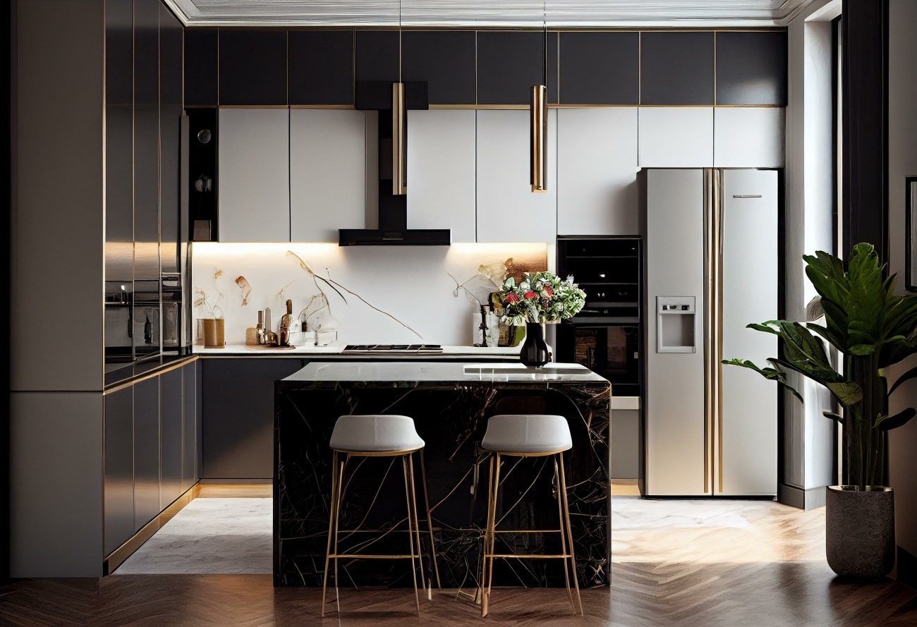 Luxury black and white L-shaped kitchen, minimalist cabinets, black marbled island with two white bar stools