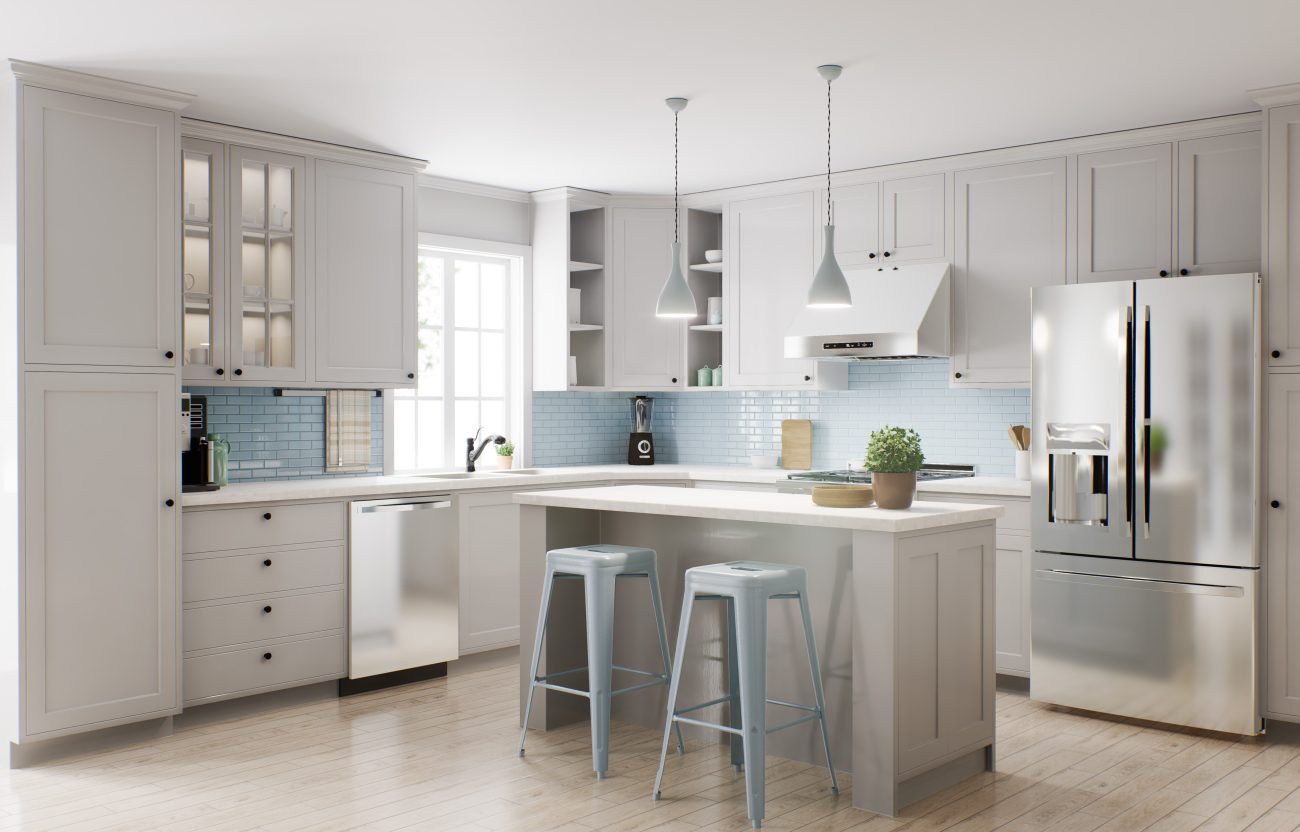 Spacious bright white kitchen with a pale blue tile backsplash, stainless steel refrigerator, island and steel bar stools