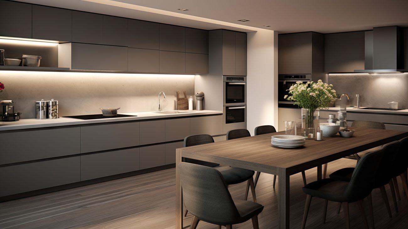 L-shaped contemporary grey kitchen with minimalist dining room set