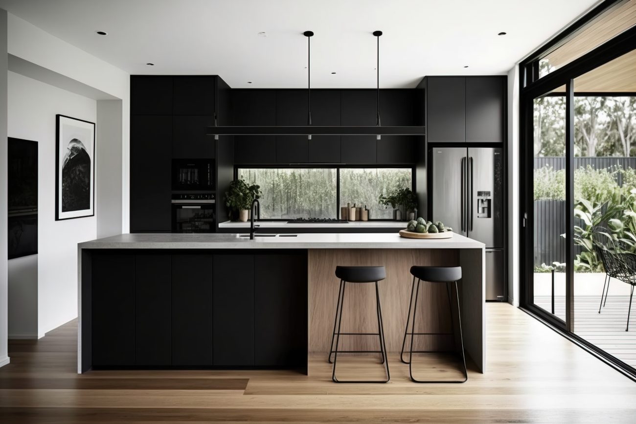 One-wall black and white kitchen layout with cabinets, central island with bar stools, patio door with deck