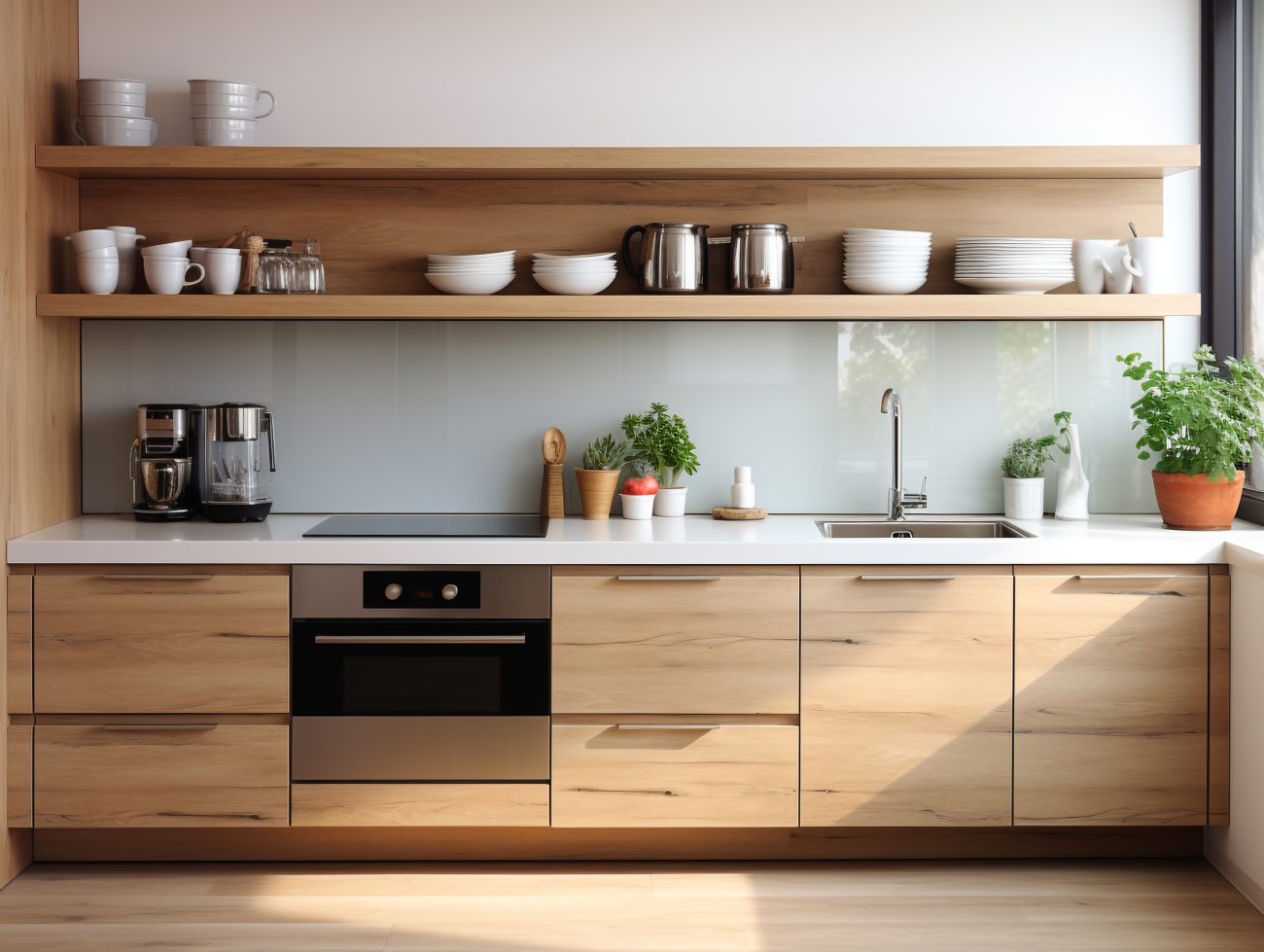 One-wall kitchen layout with built-in wooden texture cabinets and shelve, white dinnerware set