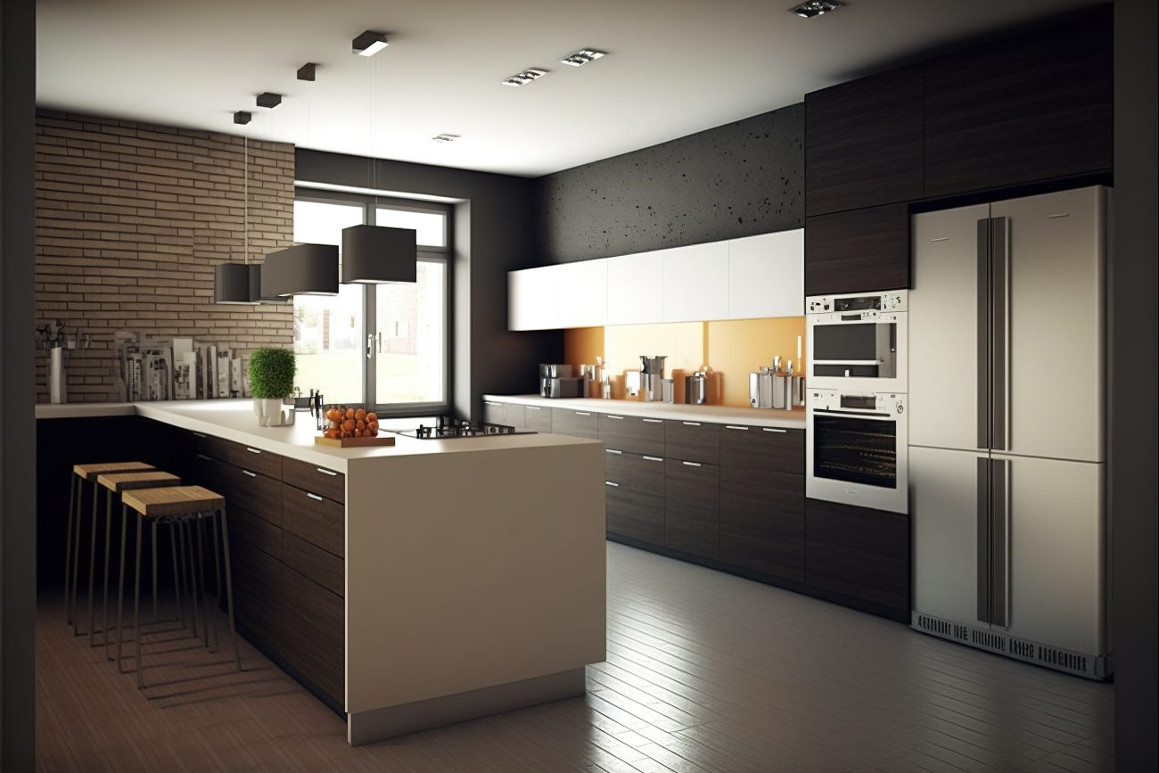 Modern kitchen with brick wall, stainless steel appliances, peninsula with drawers and three bar stools