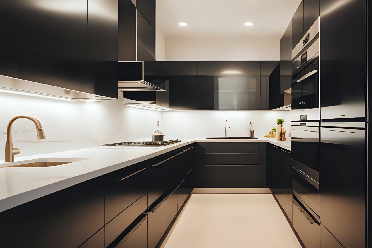 Modern U-shaped kitchen with black cabinets, white countertop and bronze faucet and handles