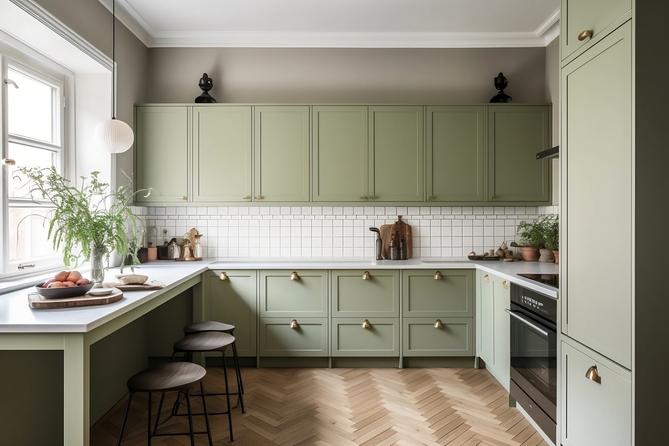 Scandinavian style, U-shaped kitchen with white tiles backsplash and sage green cabinets